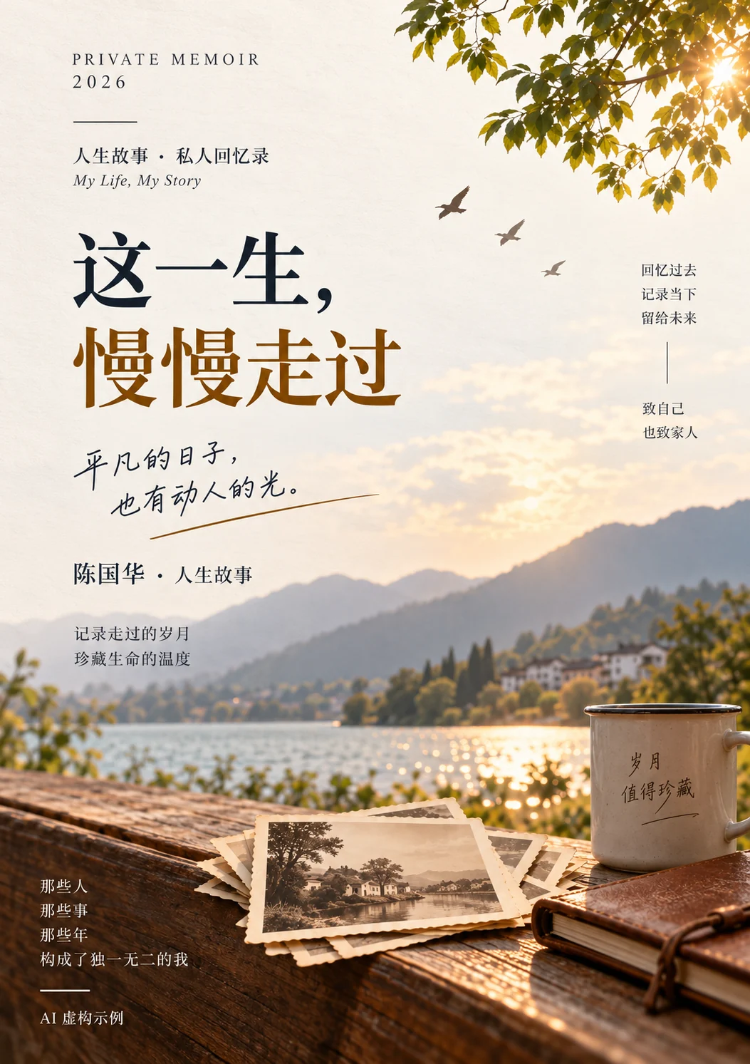 这一生,慢慢走过——陈国华人生故事,湖畔暖光与老照片封面,AI 虚构示例
